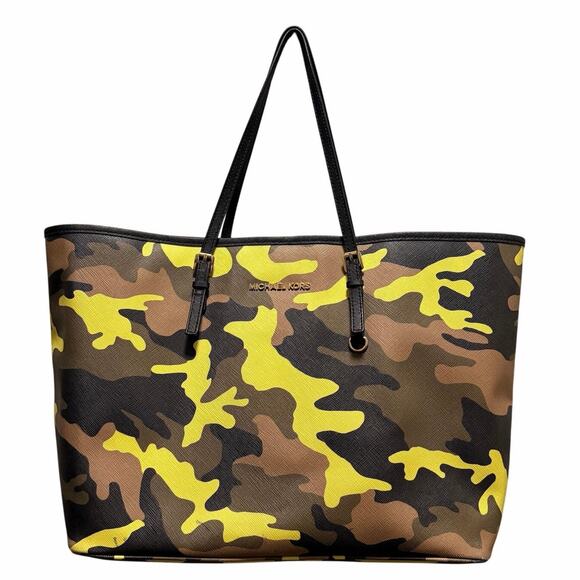 Michael Kors Jet Set Large Acid Lemon Camo Tote Bag Gold Hardware - Picture 1 of 13